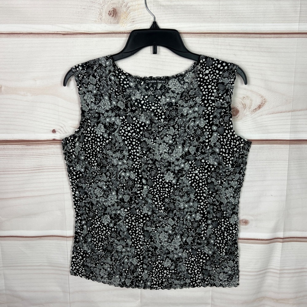 Christine Gerard Top‎ Womens M Black Floral Crinkle Tank Sleeveless Round Neck